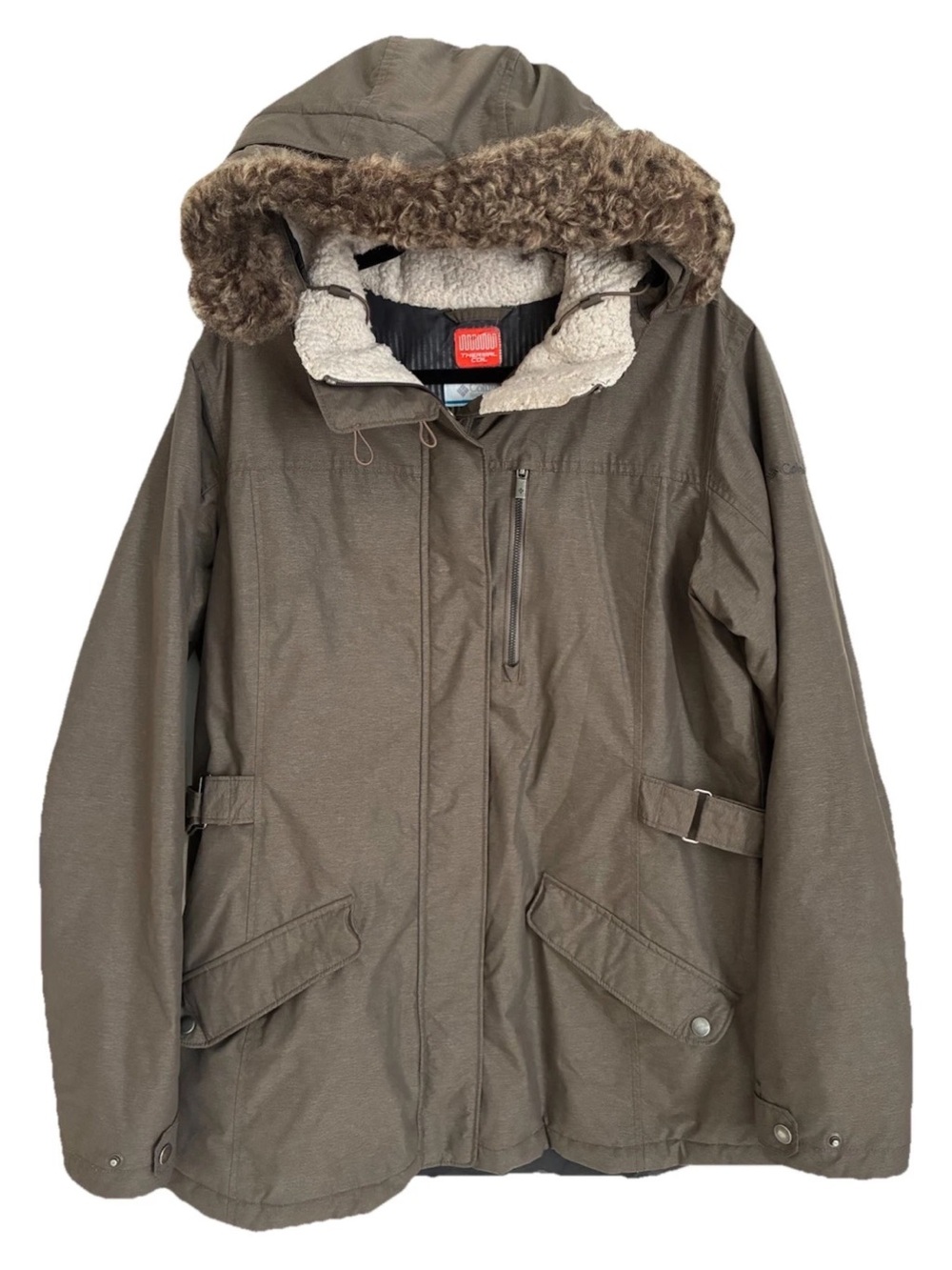 Columbia Thermal Coil Women's Brown Faux Fur Hood Parka Coat XL zipper Pockets